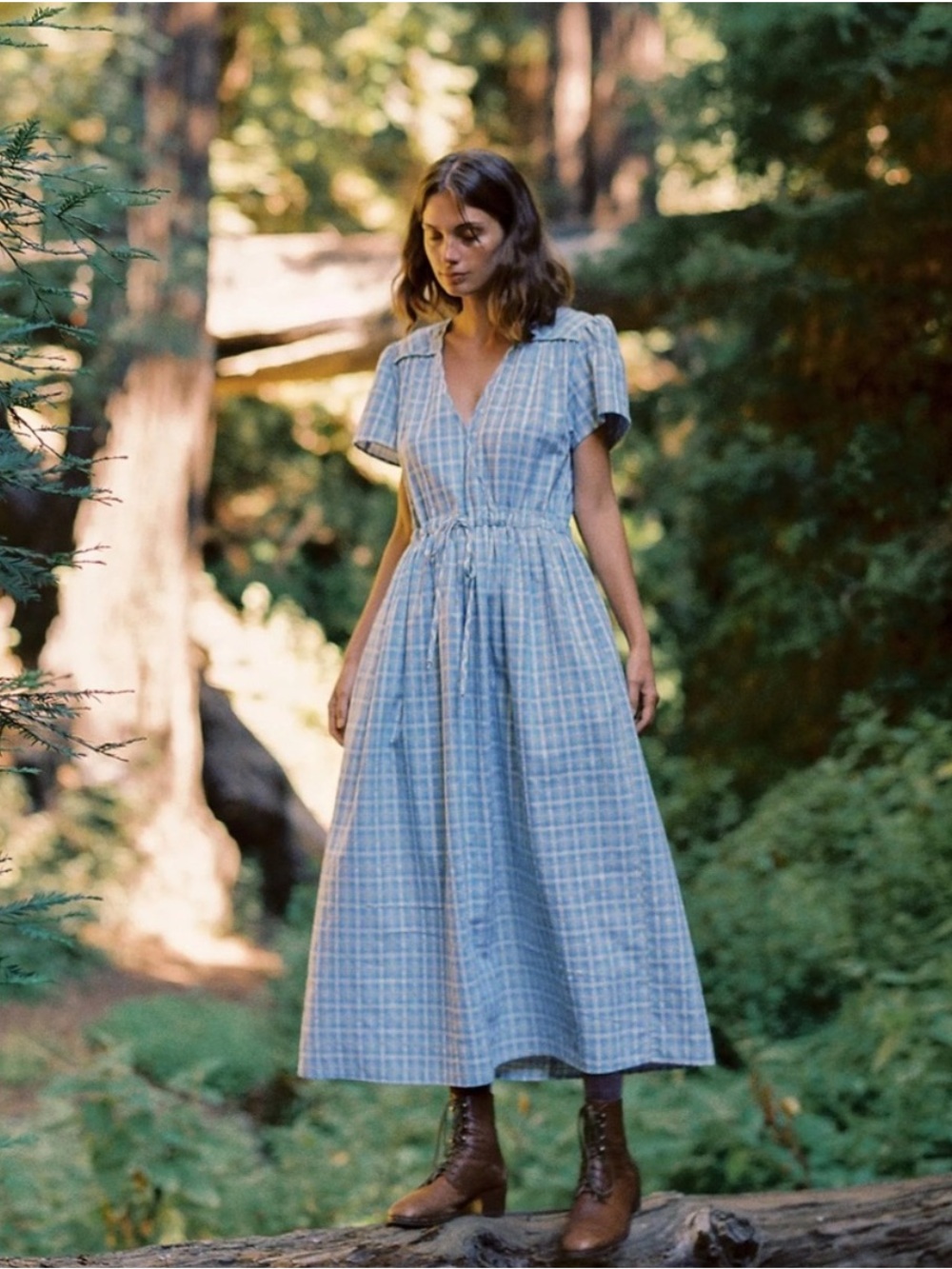 ISO Christy Dawn Cornflower Basketweave Dawn Dress Light blue and white plaid